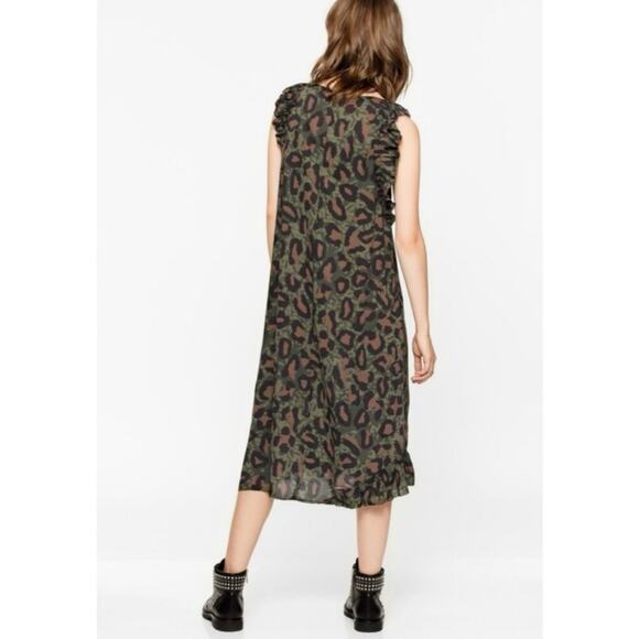 Zadig & Voltaire Rebelle Leo Green Brown Ruffle Trim Camo Midi Dress XS - Picture 3 of 10